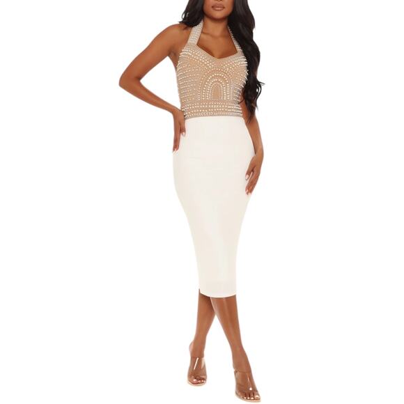 Fashion Nova Take My Hand Midi Dress XS Pearl Rhinestone Halter White - Picture 4 of 10